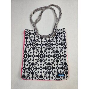 Kavu Rope Market Bag With Black & White Ikat Pattern Pink Trim